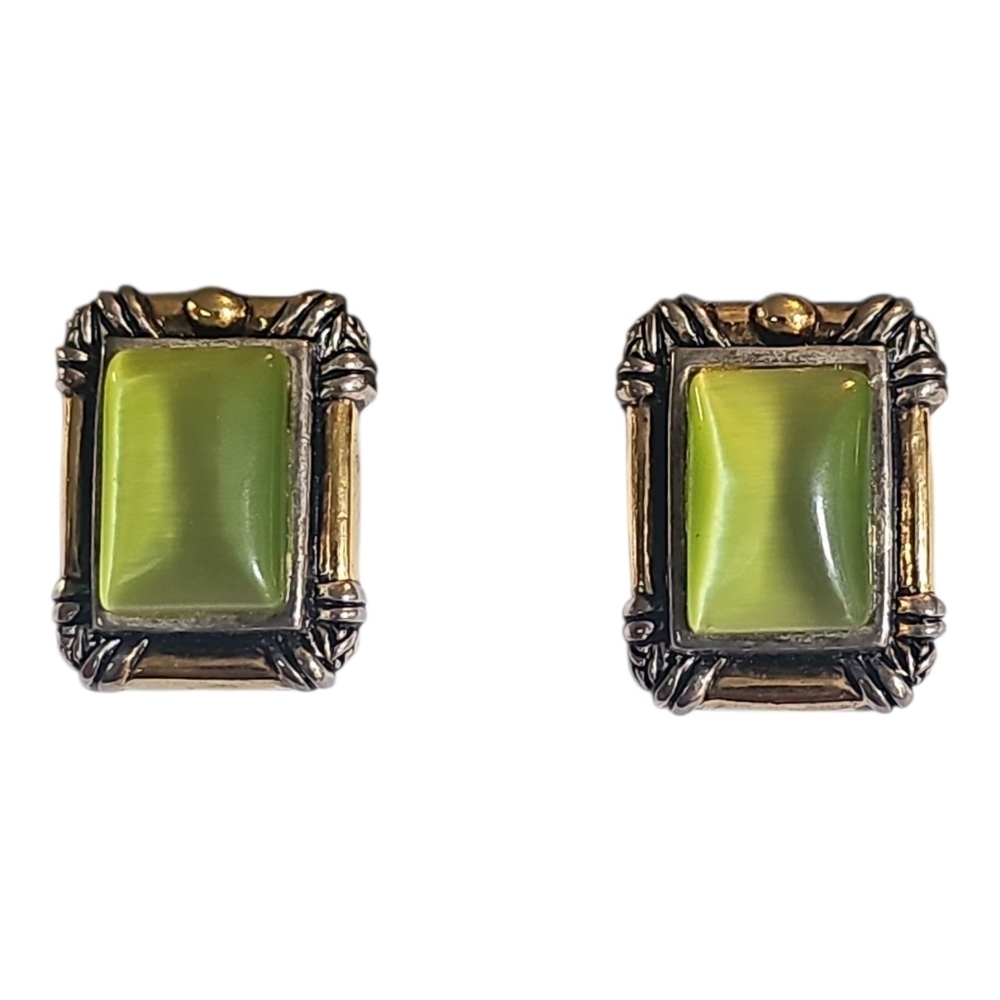 Vintage Two Tone Silver and Gold Green Cat's Eye Rectangle Clip On Earrings